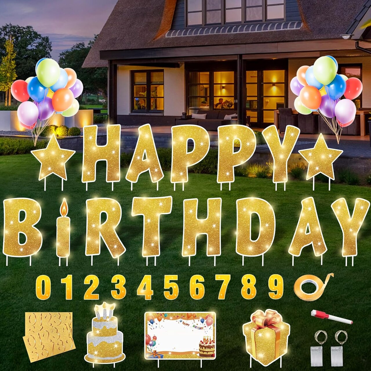18 Pcs Happy Birthday Yard Sign with 32.8 ft Led Light, 16” Large Size Happy Birthday Yard Sign with Stakes, Weatherproof Personalized Birthday Yard Signs, Outdoor Lawn Garden Party Decoration(Gold)